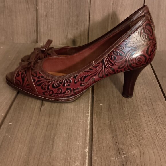 Nurture Sandee Peep Toe Brown Leather Embossed Heel Pumps Size 8M - Picture 7 of 16